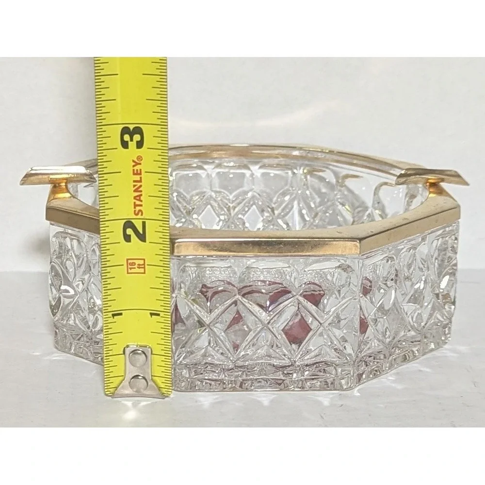 Vintage Hofbauer Byrdes Ruby Red Clear Cut Crystal and Brass Octagon Ashtray